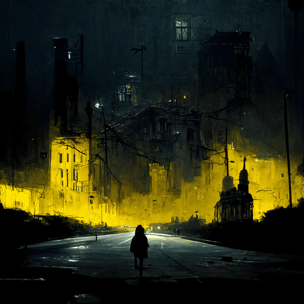 dark abandoned city, with yellow street lights and hopeless people on the street, trending on artstation -- Midjourney