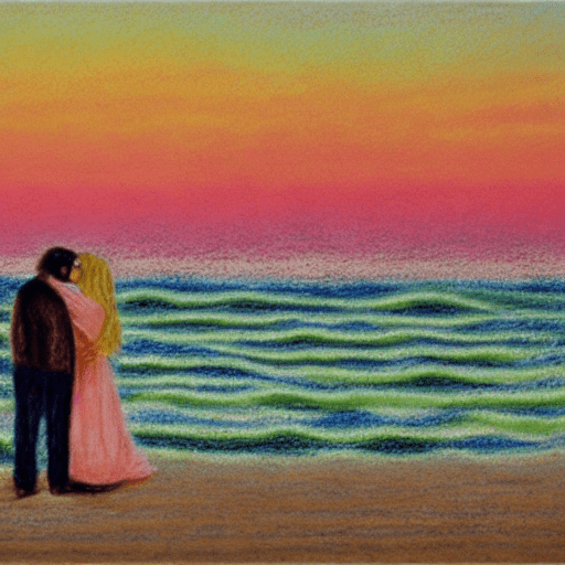 Pastel Drawing of a Man and a Woman Standing in front of the Sea at Sunset, Kissing - Stable Diffusion