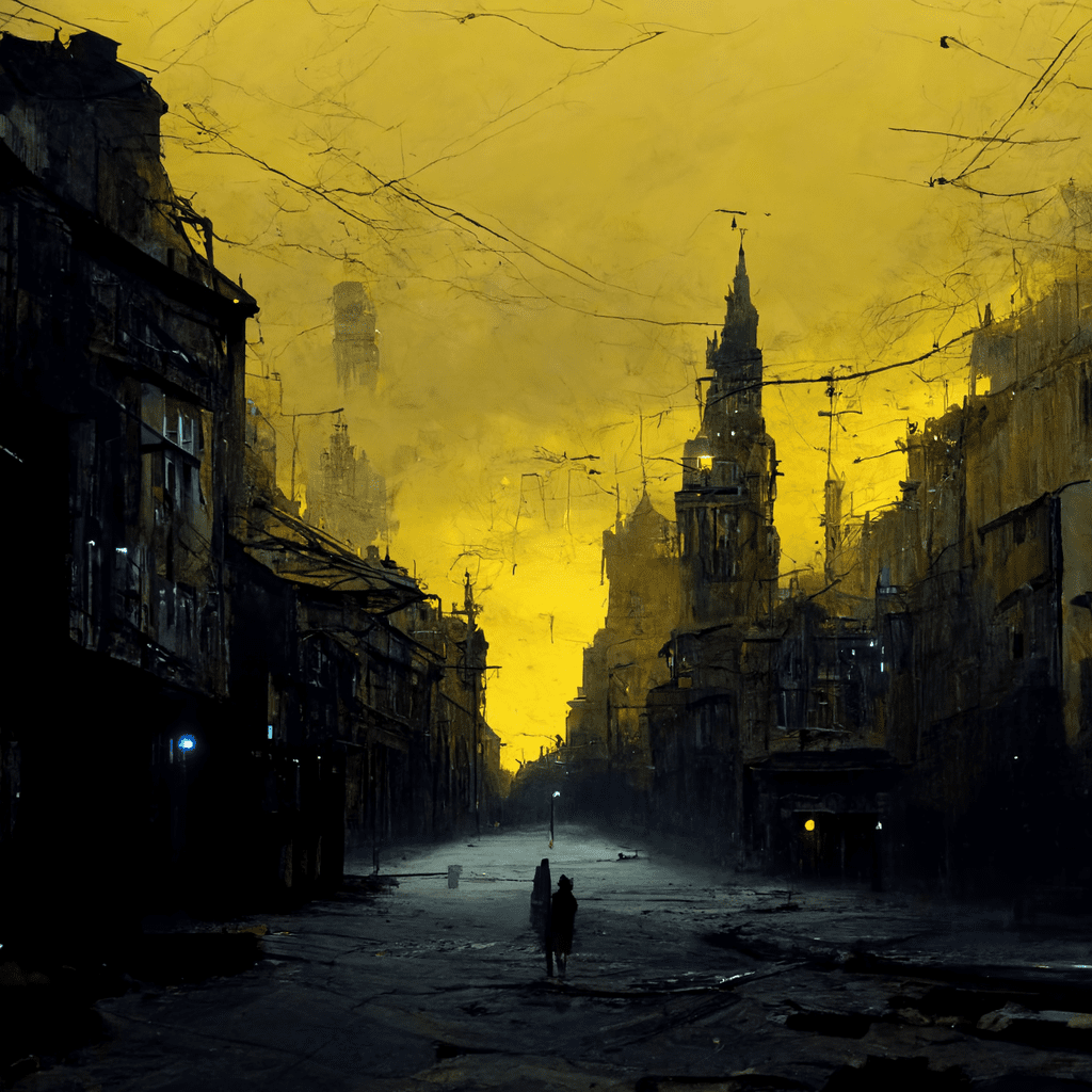 dark abandoned city, with yellow street lights and hopeless people on the street, trending on artstation -- Midjourney